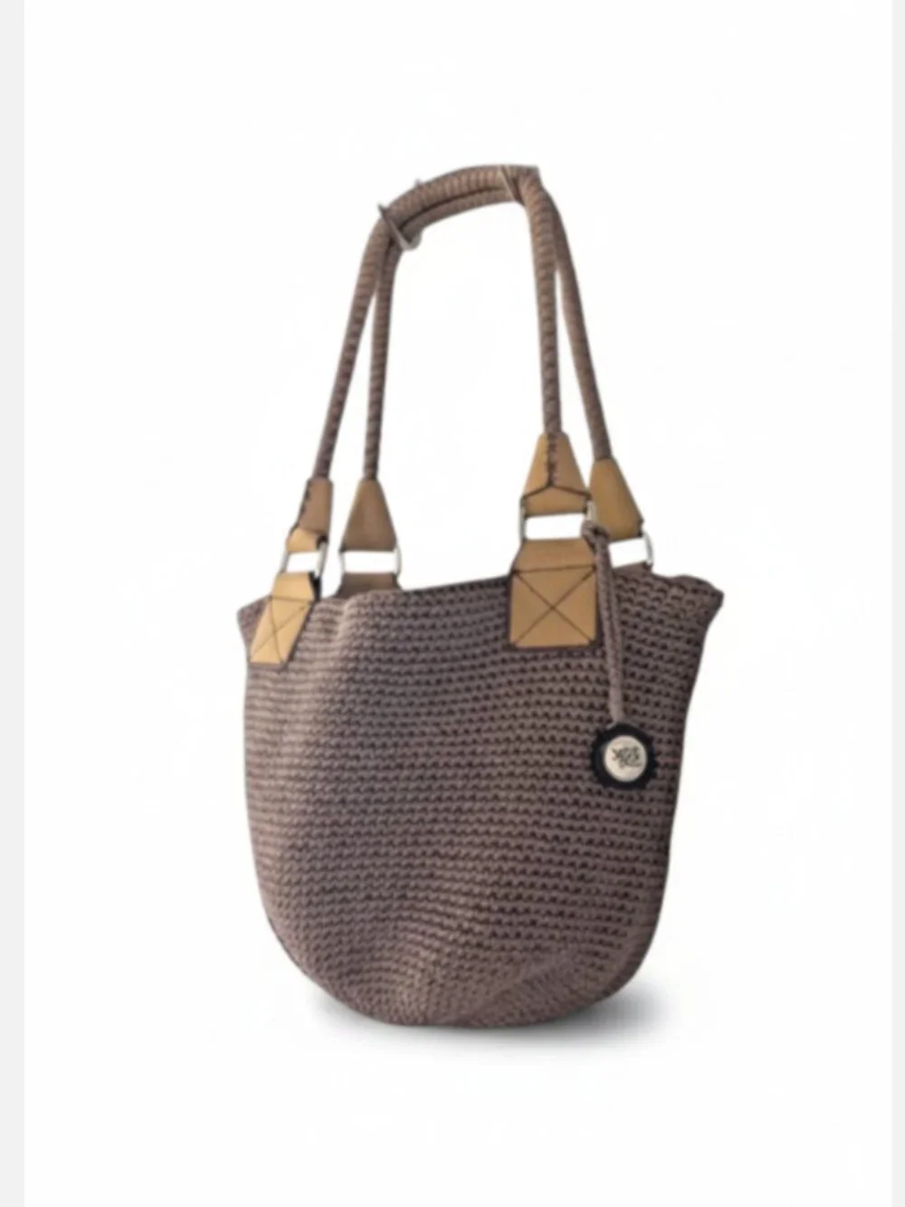 The Sak Crochet Shoulder Bag Beige Tan Leather Trim Zip Boho Purse Charm